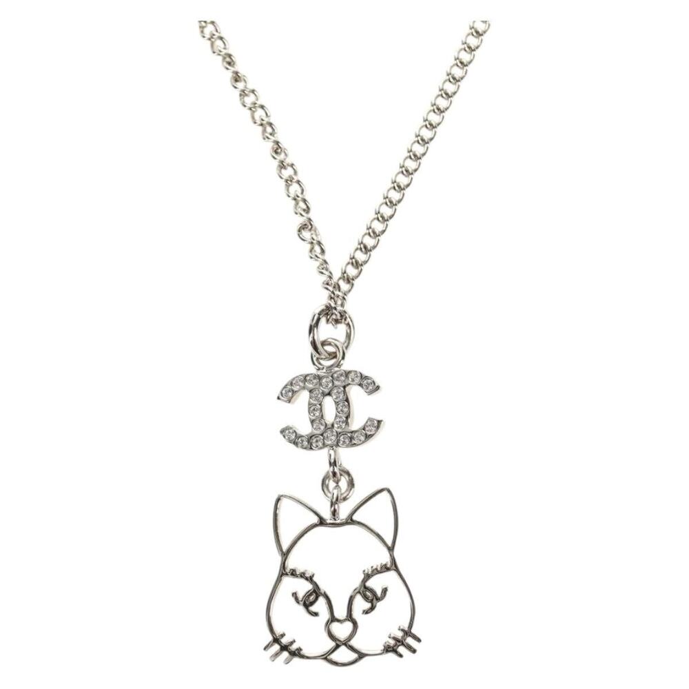 Chanel CC Logo Cat Necklace Silver